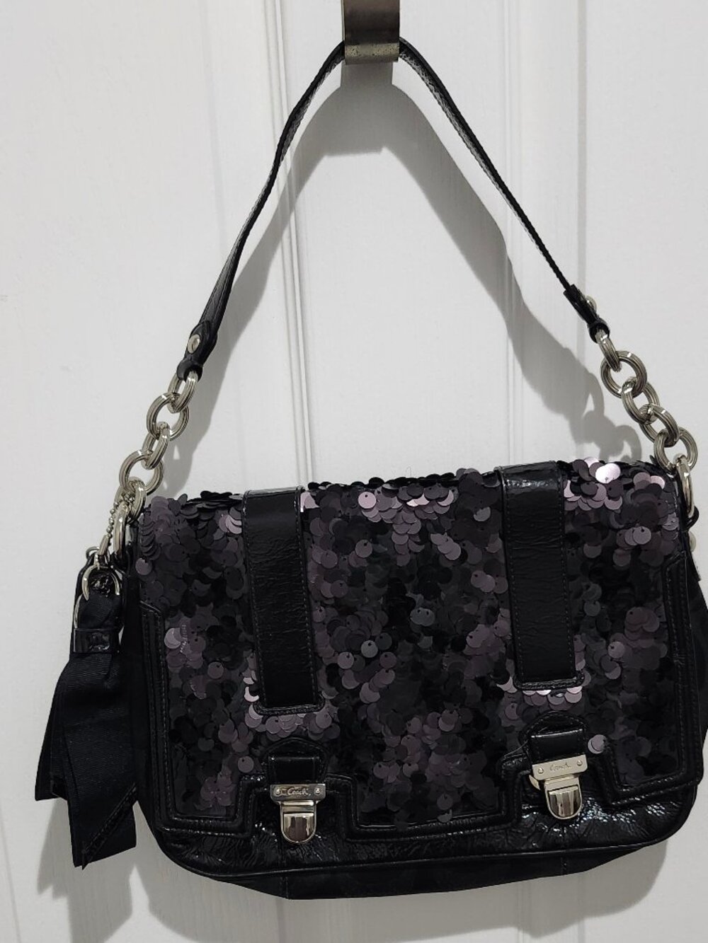 VTG Coach Poppy Pop Sequin Pushlock Flap Crossbody Bag Black 17899 Rare